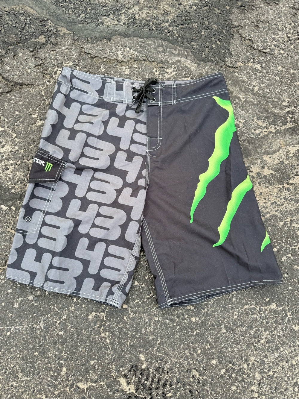 Monster Energy Black & Gray Board Shorts with Neon Green Claw Graphic